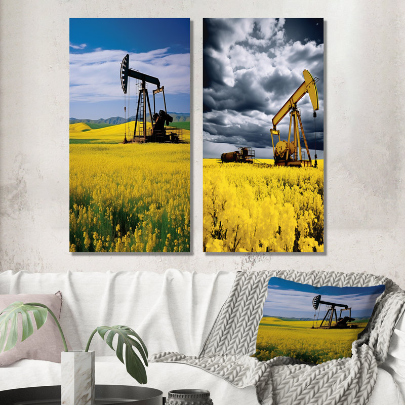 Foreuse à pétrole verte et jaune - ensemble de salon d'art mural, Toile tendue, H 28 po x l 25 po