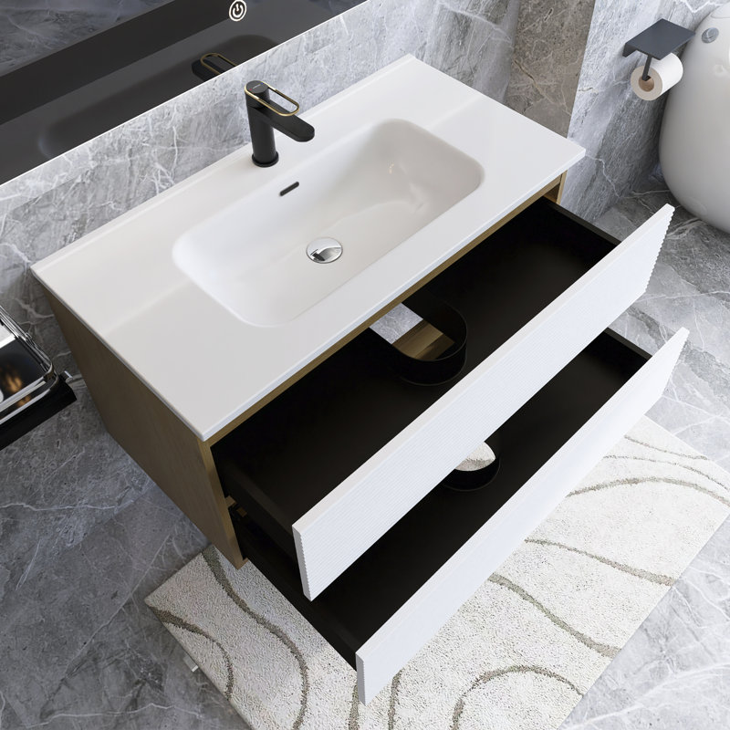 Grand meuble-lavabo mural moderne pré-assemblé blanc mat et chêne naturel avec lavabo intégré en céramique