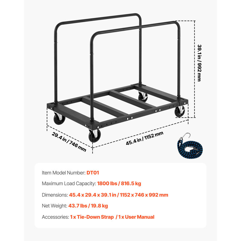 Drywall Cart Dolly 1800 lbs Steel Panel Truck Cart with 2 Side Handrails