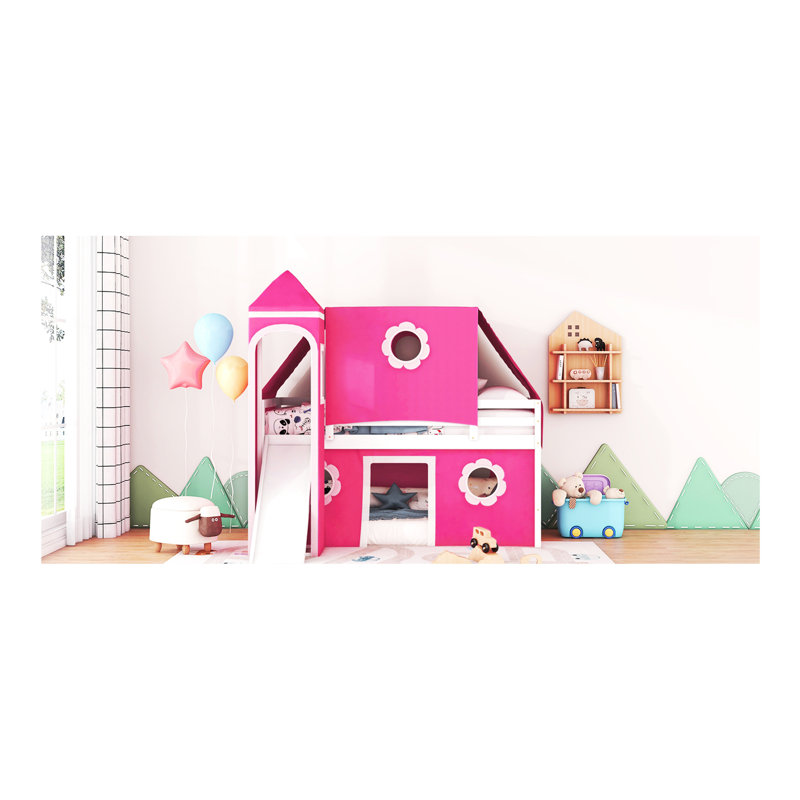 Lit simple mezzanine rose avec toboggan et tour - bois massif, trois méthodes d'installation, pin de Nook