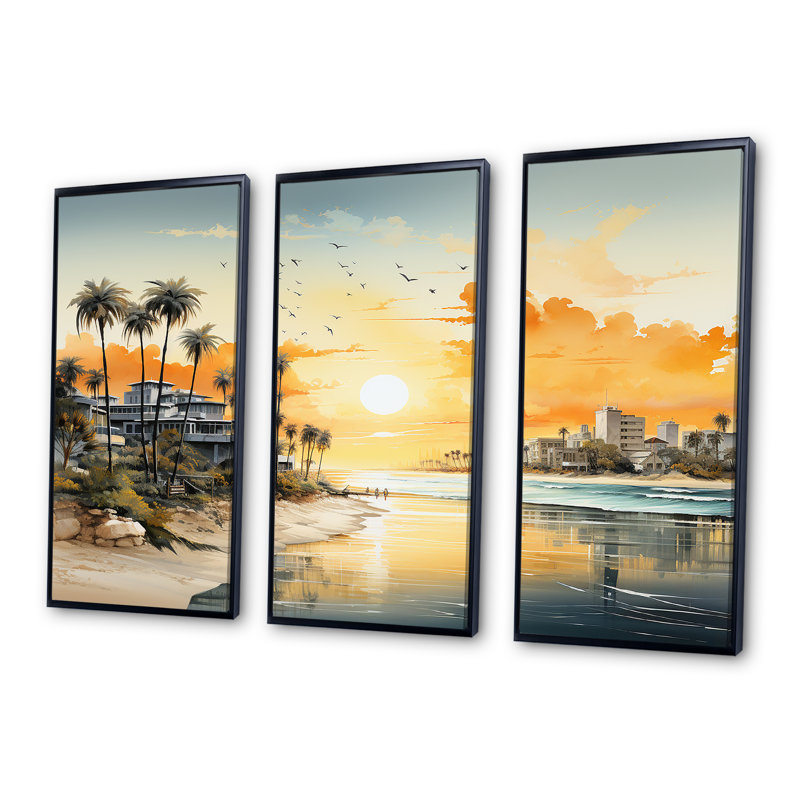 Paysage urbain côtier coucher de soleil - art mural coucher de soleil côtier, Cadre flottant noir, H 28 po x l 36 po x P 1 po
