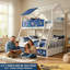Lit superposé simple au-dessus de double Arozu, lit pour enfants en bois avec ciel de nuit en forme de garde-corps et échelle, 2 tiroirs de rangement en bois de pin, autocollants supplémentaires offerts, sécurité, non toxique, bleu marine et blanc.-2062957540
