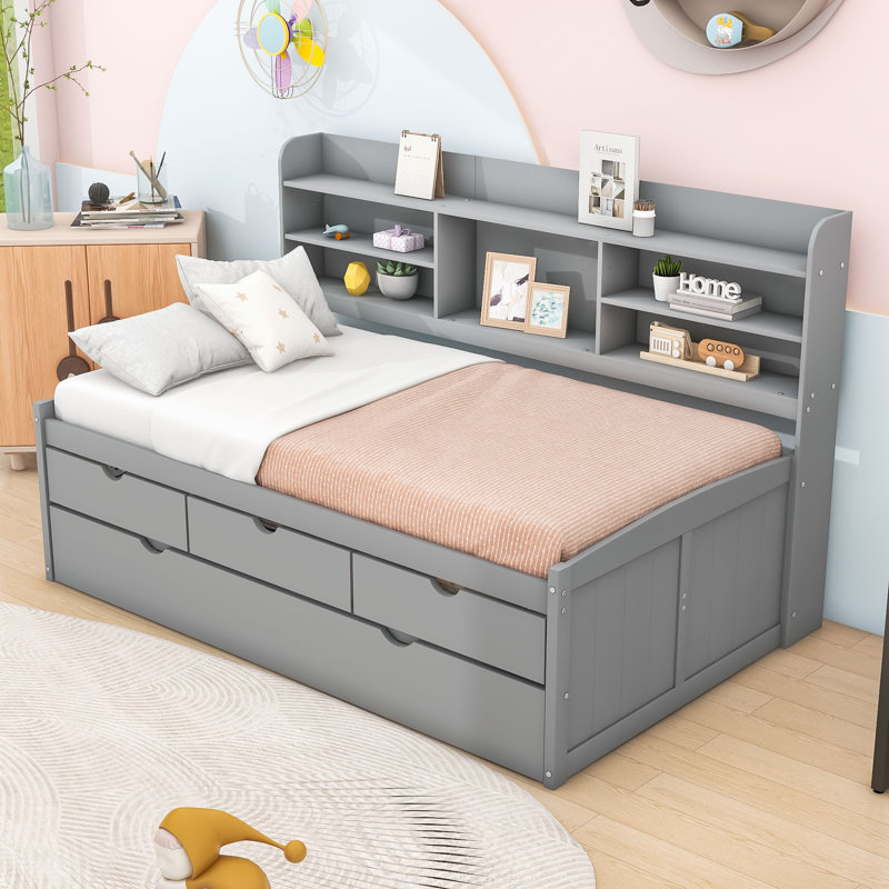 Amande Twin Wooden Captain Bed with Bookcase Headboard, Three Storage Drawers and Twin Trundle, Light Gray