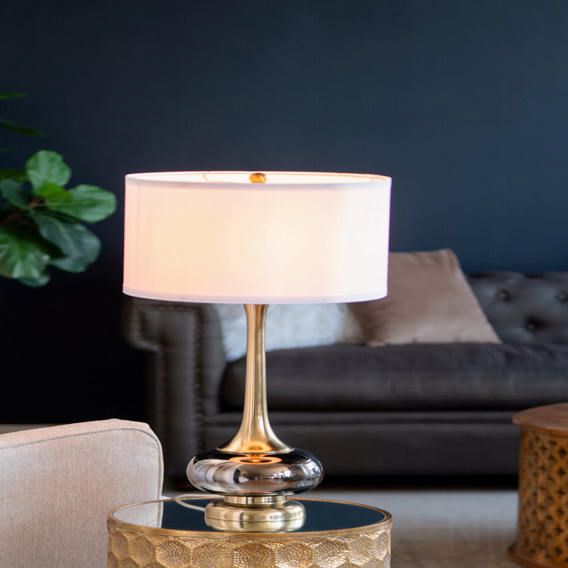 Lampe de table moderne de 29 po - base en aluminium doré (abat-jour tambour en tissu blanc)