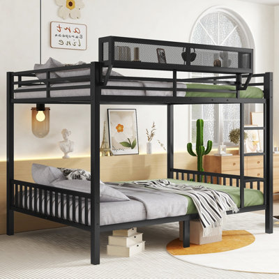 Queen Over Metal Bunk Bed In Black, For Adults And Teens, , Storage Shelf, Guard, Slats Guardrail, by 17 Stories
