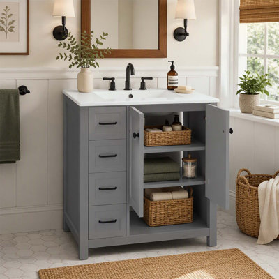 30-Inch Wood Bathroom Vanity with Sink, Two Doors, Two Drawers, and Open Shelf, Gray