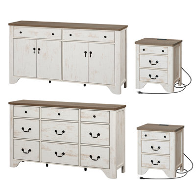  Ensemble de meubles de maison de campagne 4 pièces Haikey, commode à 9 tiroirs pour la chambre à coucher, armoire de 59 po de largeur avec 4 portes et 2 tiroirs, ensemble de table de chevet en bois de 2 avec station de charge pour la chambre à couche