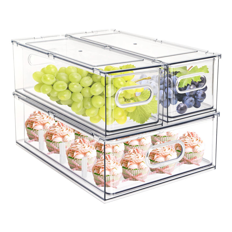Set Of 3 Stackable Refrigerator Organizer Bins Pull-Out Drawers For Fruit And Veggies Divided Storage Organizer For Fridge Clear Drawer Containers With Handle For Produce Saver, Eggs, Snackc