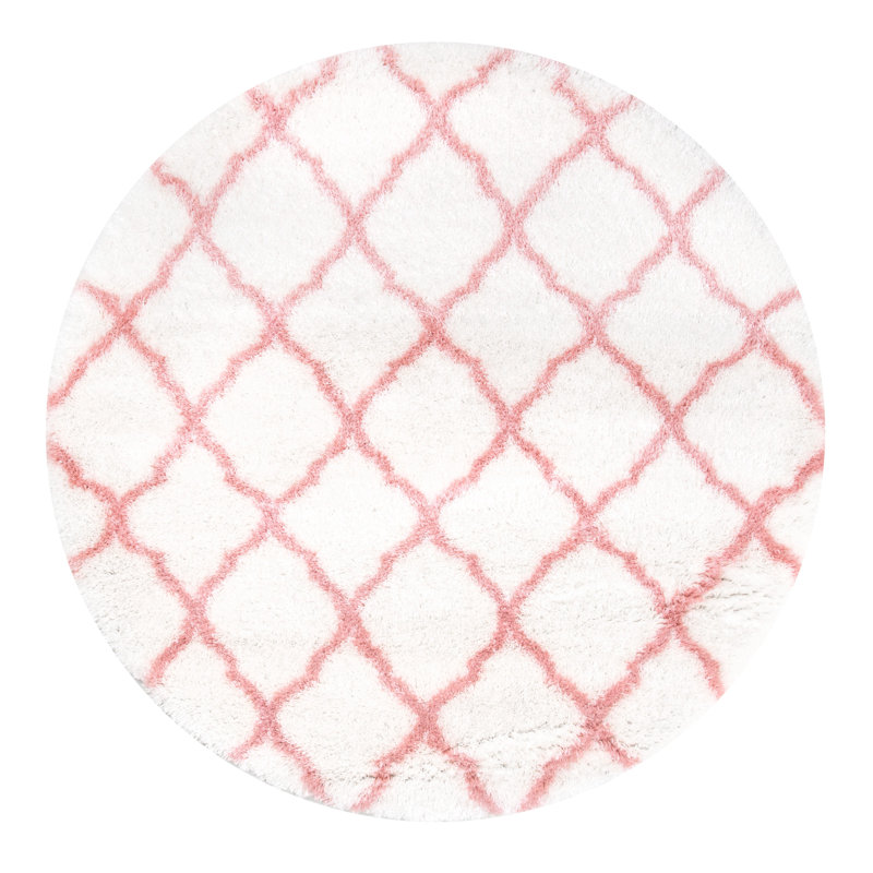 Cuanaic Trellis Shag Performance White/Pink Rug, Round 5'3"