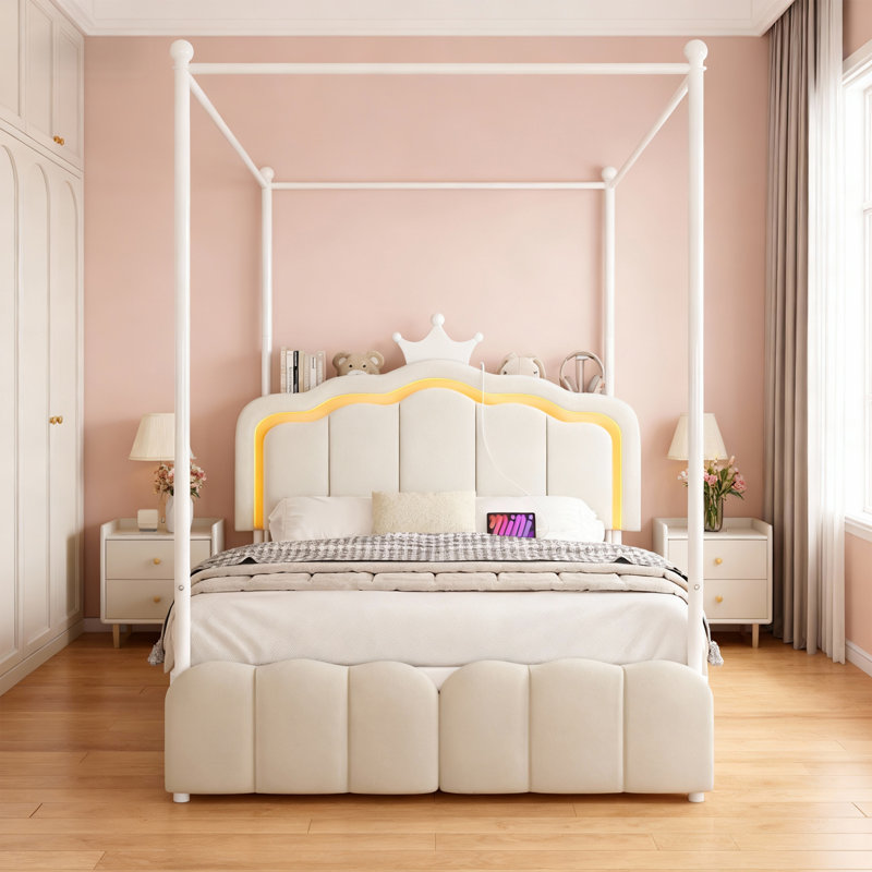 Full Size Canopy Bed With LED Lights, Storage Drawers & Charging Station, White, Full