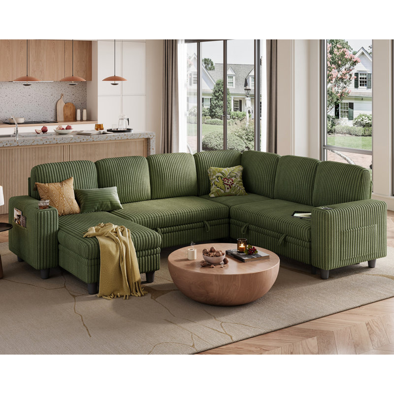 Sherry 106" Convertible Plush Corduroy Sleeper Sectional With Storage Chaise & USB Charging, Bella Forest Green Corduroy