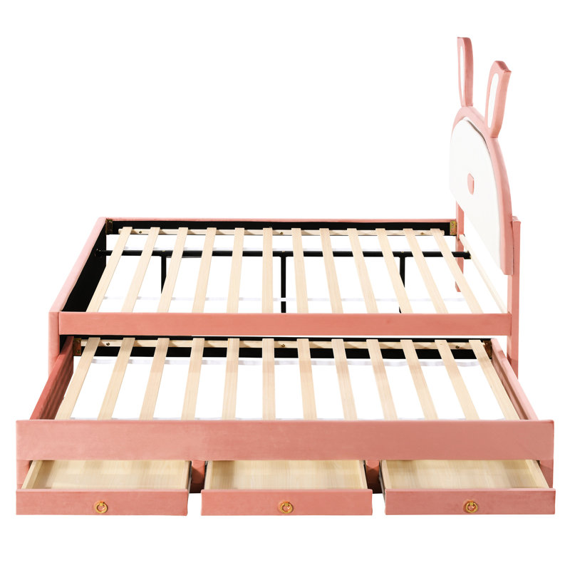 Lit plateforme tapissier avec lit gigogne et 3 tiroirs, tête de lit rose en forme de lapin, velours pleine grandeur robuste et espace à DEL efficace