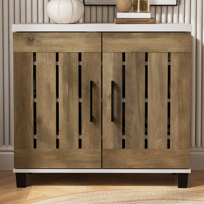 Banos 12 Pair Shoe Storage Cabinet, Parchment/Knotty Oak