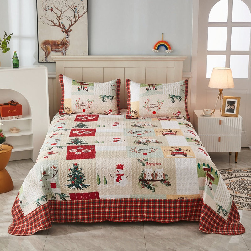 Festive Red and White Reversible Queen Quilt Set