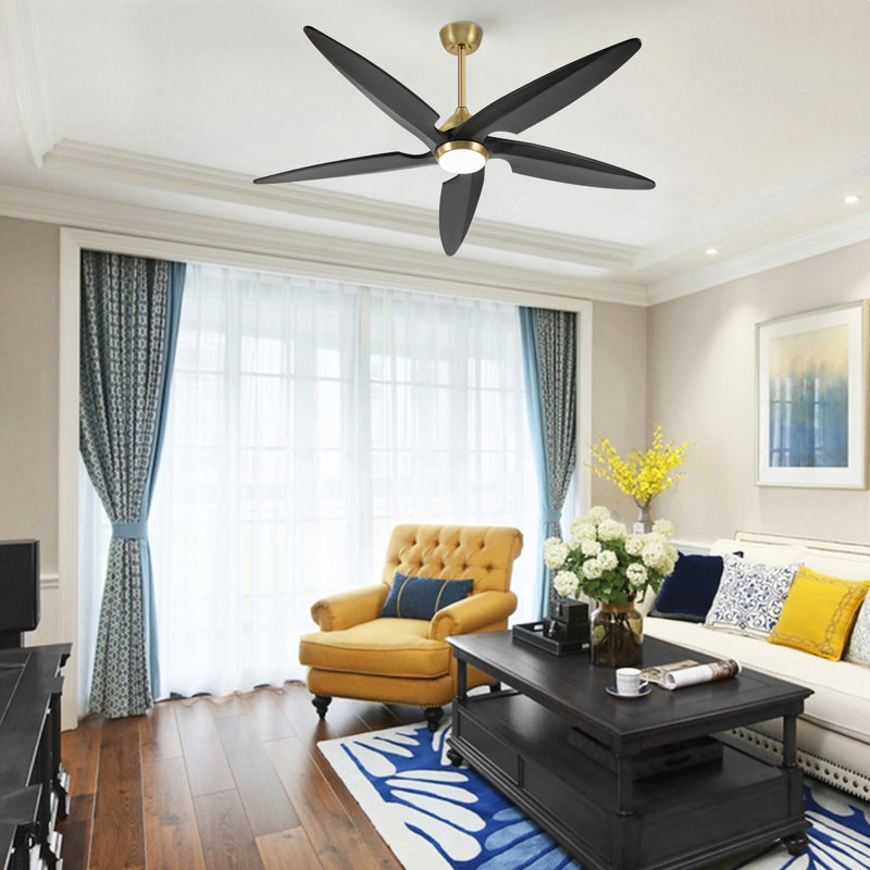 Chanille 5-Blade Solid Wood Ceiling Fan with LED Light and Remote Control, 54", Gold, Black