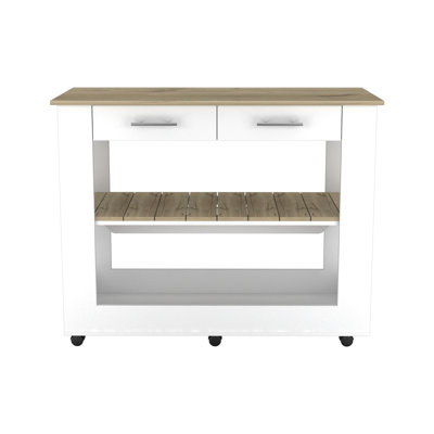 Cala Kitchen Island 46, Six Casters, Two Drawers, Lower Open Shelf - Light Oak