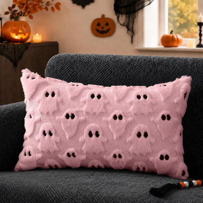 Housses de coussin d'Halloween 30x50 cm, fantôme rose en peluche, décoration d'Halloween 095C12, taies d'oreiller douces en fausse fourrure, pour fauteuil, canapé, chambre, salon, décoration de l'Action de grâce
