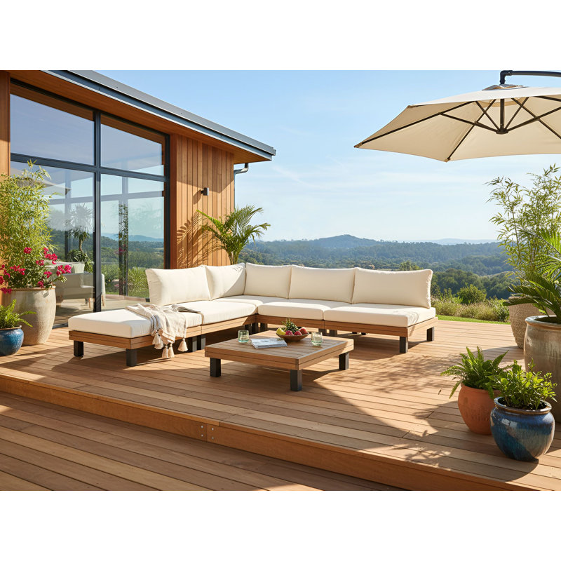 Garden Corner Sofa with Table 5 Seater FRAZZANO Certified Acacia Wood Off-White