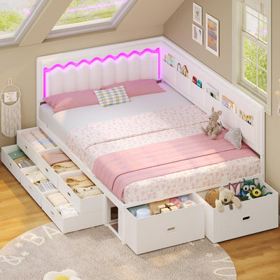 Twin Size Daybed, Corner Bed Frame With 8 Drawers, 6 Storage Pockets, Rgb Wave Lights, Grey