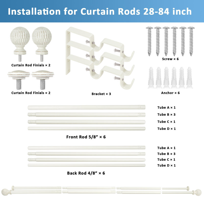 Tringles à rideaux réglables à épissage double avec volutes, 28" - 84", Blanc