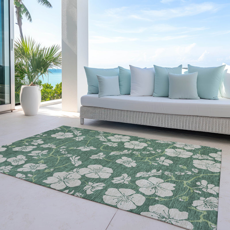Sage Floral Synthetic Washable Rectangular Area Rug