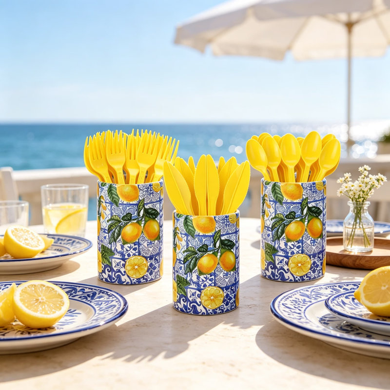 Porte-ustensiles de style méditerranéen à carreaux bleu citron et couverts jaunes jetables pour les décorations de fêtes d'été et les centres de table de mariage