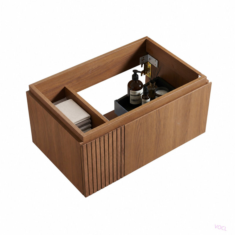 Meuble en contreplaqué de 76 cm (30 po) avec une porte et un tiroir, sans lavabo ni comptoir, sans robinet ni couvercle d'évier.