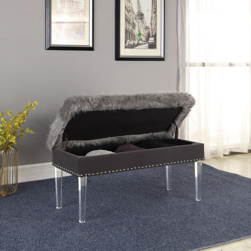 Banc de rangement Mid-Century capitonné avec fausse fourrure