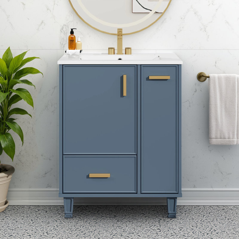Armoire de salle de bain avec lavabo, tablettes de porte, tiroirs profonds, paniers coulissants à double couche, structure en bois massif, panneau de fibres à densité moyenne, paquet simple, gris