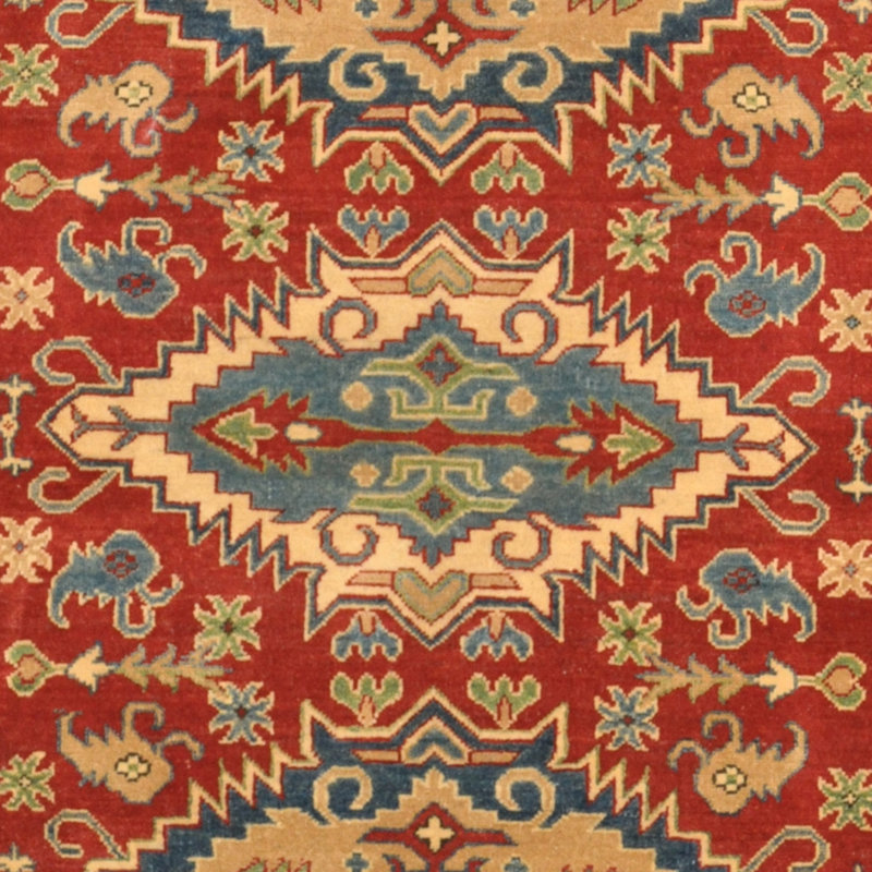 Tapis unique en laine noué à la main style Kazak rouge de 5 pi 1 po x 6 pi 8 po Luftim