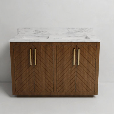 Linsay 48" Fully Assembled Rustic Farmhouse Double Sink Bathroom Vanity with Chevron Wood Cabinet, Engineered Marble Countertop