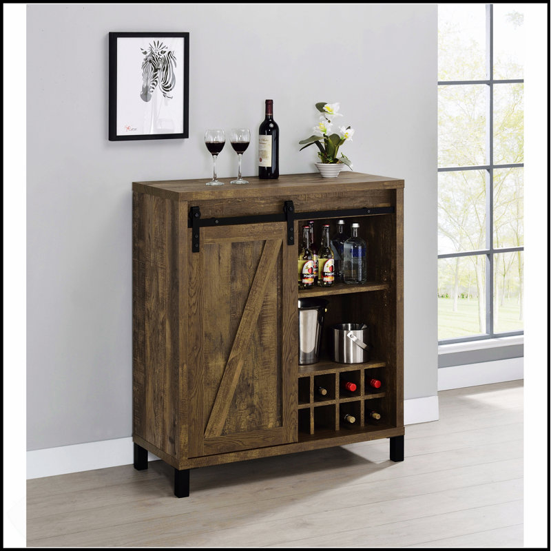 Arcata Rustic Sliding Door Bar Cabinet With Ample Storage And Wine Bottle Holders, Perfect For Farmhouse-Style Entertaining.