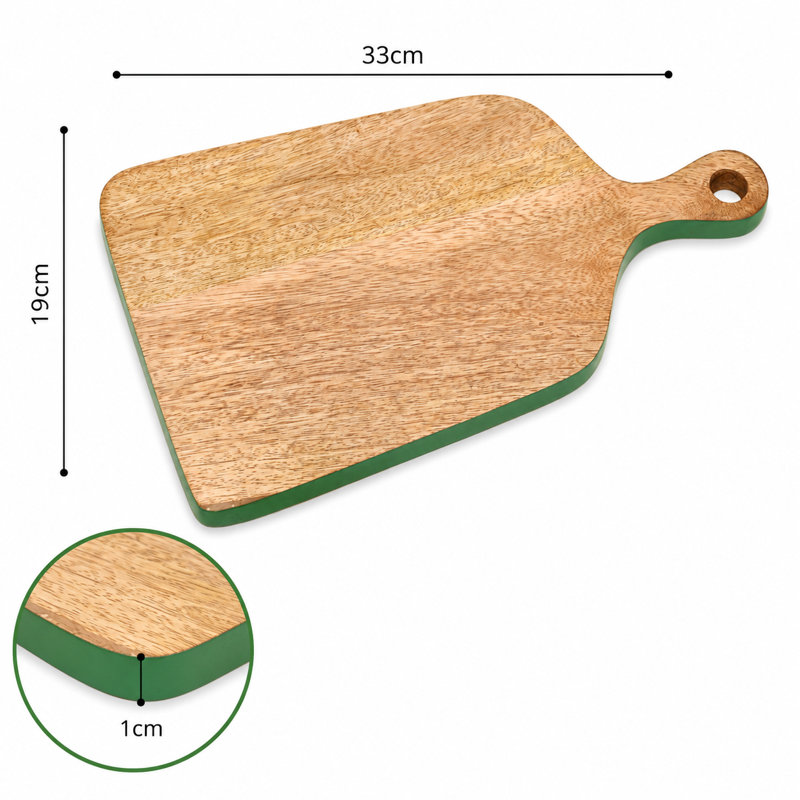 Green Edge Mango Wood Serving Board with Handle – Rustic Wooden Cheese & Charcuterie Board, 33 cm