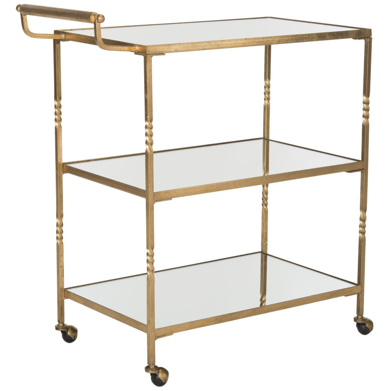 Élégant chariot-bar avec 3 tablettes en miroir, cadre en fer à roulettes H 33,6 po pour la maison, le bar et la cuisine