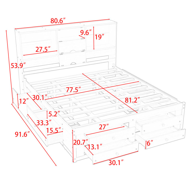 Lit plateforme très grand avec rangement pour tête de lit et 8 tiroirs Brinslee, gris