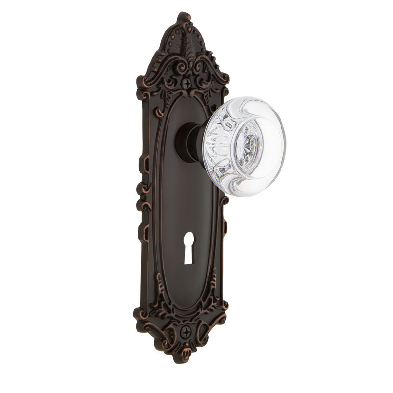 Bouton de porte mortaise intérieur en cristal avec plaque longue Victorian, Bronze intemporel
