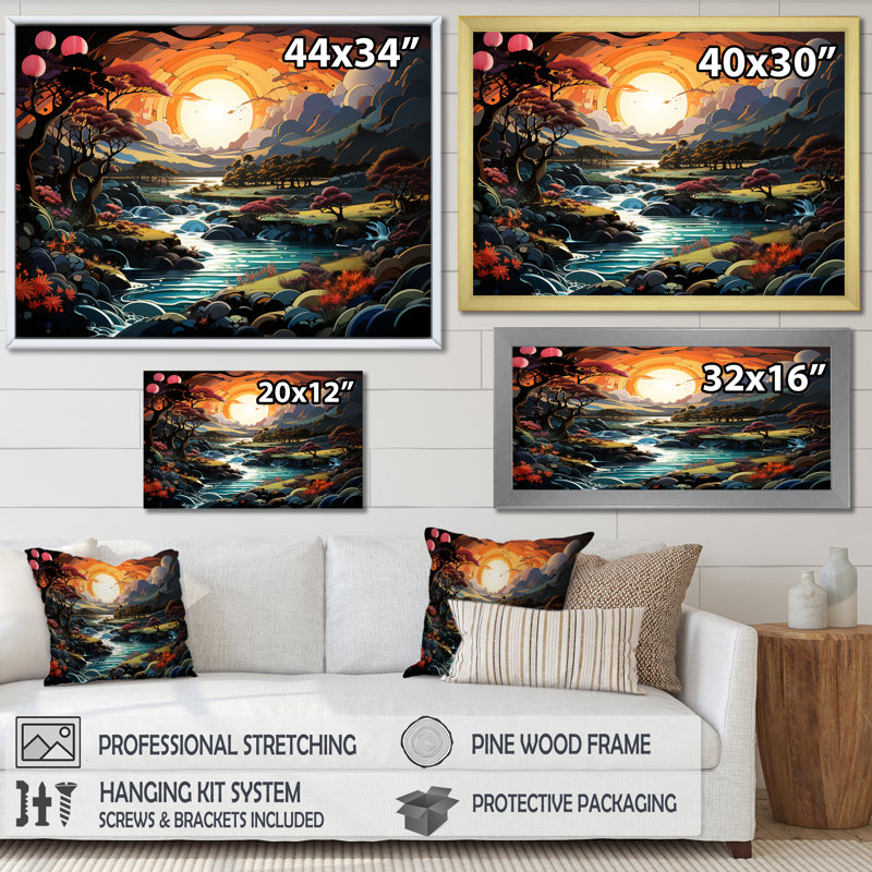 «Yellow Enchanted Meadows Fantasy I», art mural abstrait, Cadre de coin argenté fermé, H 30 po x l 40 po x P 1,5 po