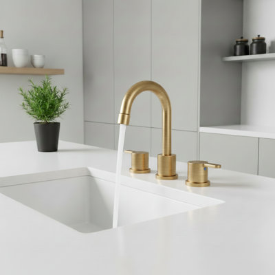 Modern Brushed Gold High-Arc Widespread Bathroom Faucet With Pop-Up Drain Assembly & Supply Lines
