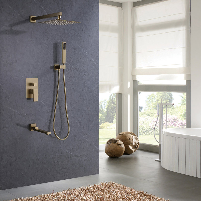 Robinet de baignoire et de douche carré à poignée simple à 3 jets en noir (valve incluse), Or brossé