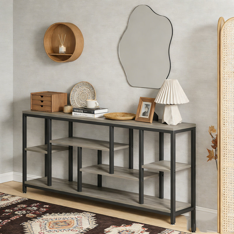 Entryway Sofa Table with Storage Shelves, Gray & Black