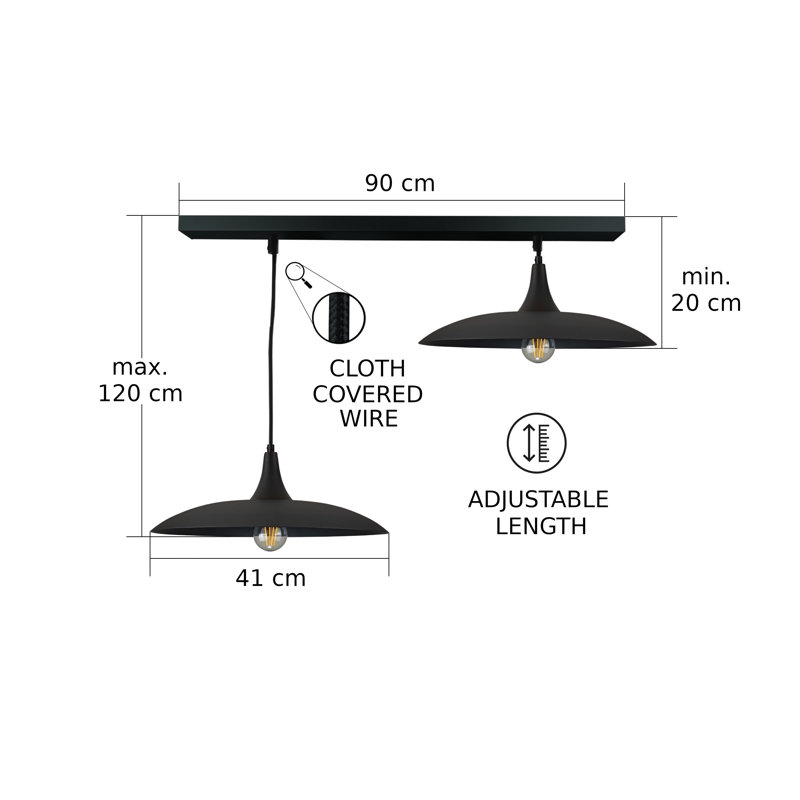 - Light Matte Black Dome Pendant, 120cm H x 110cm W x 41cm D, 2 Lights, Black