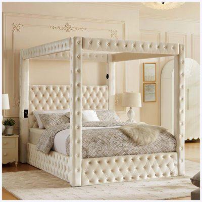 King Velvet Canopy Bed with Bluetooth Speakers & USB Charging Ports, Beige