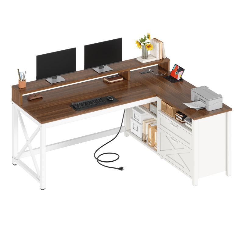 Deskfarmhouse L Shaped Desk, 55" Home Office Desk With Drawers And Storage Shelves, L Shaped Gaming Desk With Led Lights, Power Outlet And Monitor Shelf