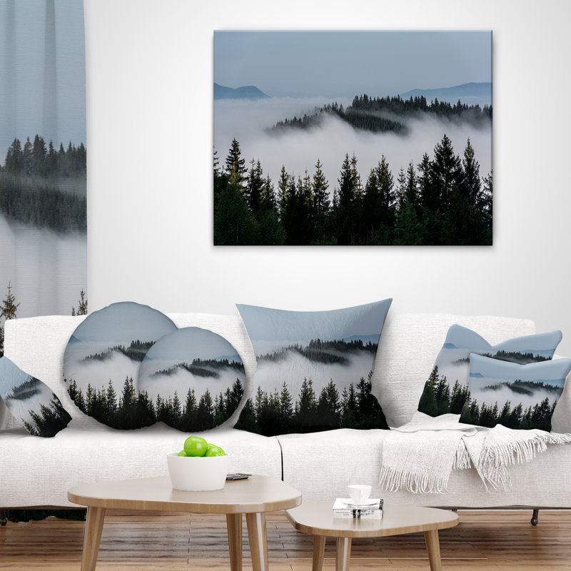 Coussin Dark Trees and Fog Over Mountains