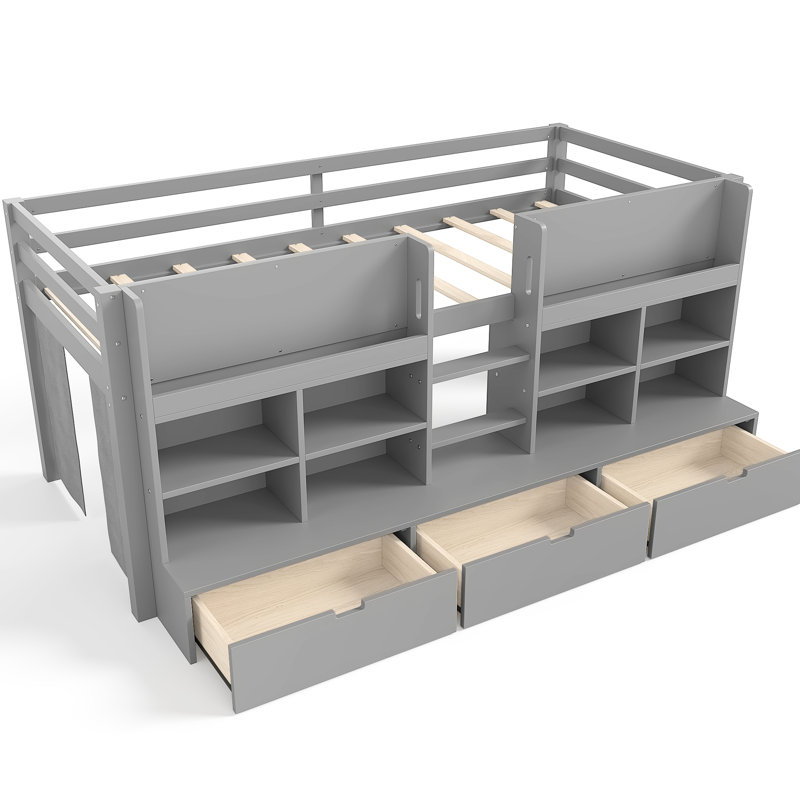 Lit mezzanine simple simple très grand avec rangement, rideau et tableau noir, conception compacte pour chambres à coucher, plateforme