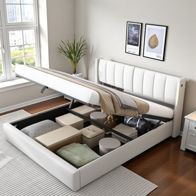 Donan Upholstered Ottoman Storage Bed With USB Port And LED Lighting, Adjustable Headboard