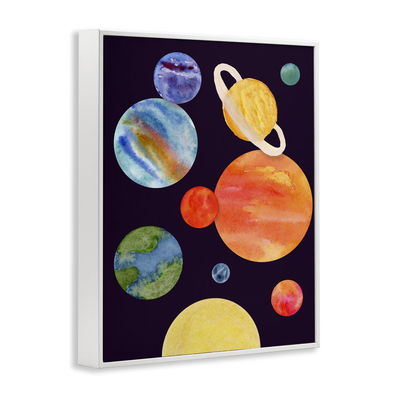 Aquarelle planètes sur giclée encadrée noire, design par Corinne Rose Designs, H 20 po x l 16 po