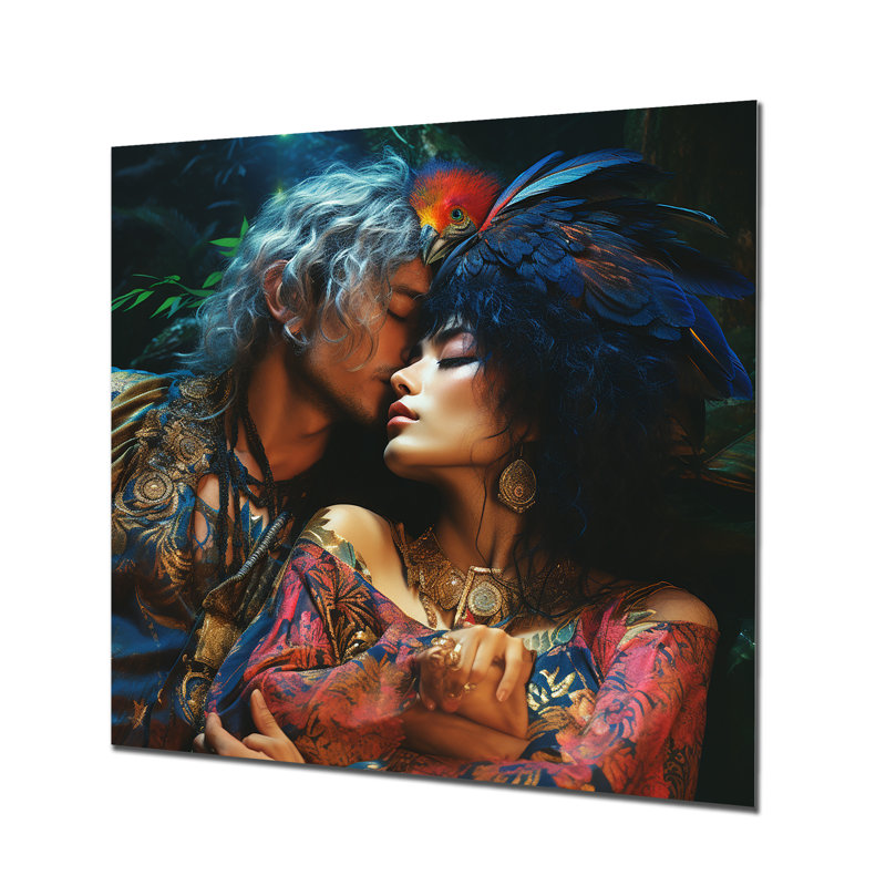 Amour bohémien plume bleue amour éternel - Couple, art mural, H 30 po x l 30 po x P 1 po, Métal métal