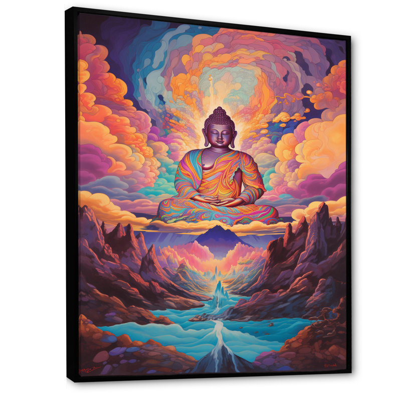 Bouddha psychédélique dans les montagnes - reproduction sur toile, H 44 po x l 34 po x P 1,5 po, Cadre flottant noir