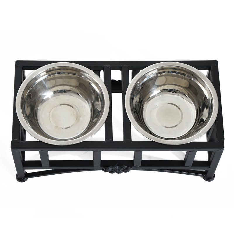 Elevated Double Stainless Steel Pet Feeding Station with Iron Frame
